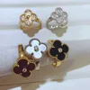 Designer Brand New VAN Gold High Edition Lucky Four Leaf Grass Series Ring Womens Full Diamond Agate Natural White Shell