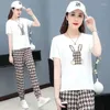 Dwuczęściowe spodnie damskie z krótkim rękawem Top Sport Suit Spring Lato 2024 Fashion Korean Stlye Casual Printed T-Shirt Zestaw T-shirt