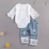 Byxor ma baby 024m nyfödda spädbarn baby flickor kläder set spets vit romper denim byxor höst baby flicka kläder kläder