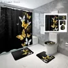 Duschvorhänge goldene Schmetterling Bad Vorhang Polyester wasserdichte Blumenteppichteppiche Set Nicht-Schlupfküchenmatte Badezimmer
