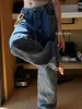 سراويل جينز للسيدات فضفاضة 2024 خريف أزياء غسل الخصر عريض الساق على نطاق واسع للملابس الشارع راينستون سراويل ممسحة