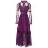 Casual jurken Spring Fashion Designer Purple Elegant Party Dress Women's Stand Collar Hollow Out Frenulum Slim Lace Mesh Long