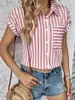 Women's Blouses 2024 Summer Top Casual Versatile V-Neck Short Sleeved Pocket Striped Printed Elegant Shirt Sexy Pullover