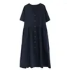 Party Dresses 2024 Solid Color V-Neck Single Breasted Cotton Loose Summer Blue Dress for Women Travel Casual Long Lady Work