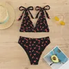 Women's Swimwear Cherry Bikini V-neck Push Up High Waist Sexy Swimsuit Y2K Bowknot Thong Women Two Piece BeachWear BackHook Bathing Suit