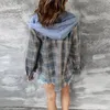 Womens Fashion Check Casual Loose Shirt Jacket Autumn Long Sleeve Plaid Hooded Tops Plus Size Clothing 20232024 240412