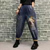 Jeans femminile fumetto retrò girlpatch ricamato pantaloni alla caviglia della caviglia elastici elastici a vita elastica donna harem coltivate donne