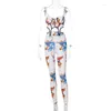 Women's Two Piece Pants European American Fashion Floral Print Sexy Push-up Crop-Top Spaghetti-Strap Vest Skinny Hip Raise Yoga Fitness Suit