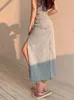 DEEPTOWN Long Denim Skirt Vintage Women Solid High Waist A-LINE Slim Korean Style Jean Slit Midi Skirt Summer Fashion Girl 240412