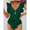 Dames badkleding v-neck eendelige zwempak vrouwen afslank riem strandkleding hoogwaardige dame 2024 zomertrend hawaii vrouwelijke kleding