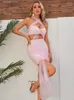 Casual Dresses Est Chic Women Celebrity Sexy Mesh Ruched Cut Out Pink Mini Bodycon Bandage Dress 2024 Elegant Evening Club Party