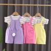 Kläder set baby flicka sommarkläder 2024 koreansk mode randig pullover kort hylsa t-shirts och overaller för flickor butiksdräkt set