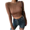 Women's T Shirts LLD Long-Sleeve Slim-Fit Padded Shoul Patchwork Round Neck Top