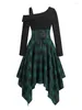 Casual Dresses Black Green Long Sleeve Patchwork Oregelbundet Plaid Corset Bandage Dress Women Lace Up Gothic Party Vintage Birthday Mujer