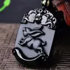 Pendant Necklaces Natural Black Obsidian Carved Chinese Zodiac Lovely Bead Necklace Lucky Amulet Men Women's Jewelry