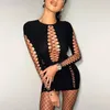 Casual Dresses Boofeenaa Hollow Out See Through Long Sleeve Bandage Sexig Black Nightclub Outfis BodyCon Mini Dress for Women C15-BF19