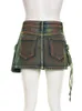 DEAT Women Dżinsowe spódnice krawatowe zielone nieregularne splicowane wiele kieszeni Mini spódnica 2024 Summer 29L3411 240412