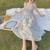 Elegancka długa sukienka z paskiem kwiatowym Kobiet Vintage Słodka druk Koreańska wróżka sukienka Fairy Casual Calssy Party Sukienka Summer 240411