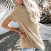 Kvinnors blusar Pullover Tops med Pocket Stylish V-Neck T-shirt Knappar Solid Color Loose Fit Tee Shirt för sommaren