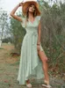 Robes de fête Houzhou Robe de floral élégant sexy Femmes Summer Bohemian Holiday Long Green Irrégulet Casual Bandage Loose Sundage