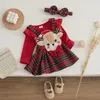 Ensembles de vêtements Visgogo 3pcs Baby Girl Vêtements Tenue de Noël Ruffle à manches longues Carton Carton Elk Elk Plaid Plaid A-Line Jupe Bandin