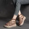 Sandálias grossas de salto médio espesso de couro genuíno confortável mulheres feitas artesanais sapatos retro -dama respirável