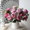 Decoratieve bloemen Rose Pink Silk Bouquet Peony Artificial Flower 30cm 5 Big Head 4 Small Bud Bride Wedding Home Decoratie Autumn Fake