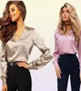 Autumn Fashion Women Shirts Casual Sexy Deep V-neck Satin Blouse Long Sleeve Button ice Lady Tops6203166