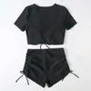 Kvinnors badkläder Sexig bikini Stylish Summer Set med V-Neck korta ärmstoppar Hög midja Drawstring Swimming Trunks för stranden