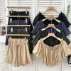 Shorts Slash Neck Bubble Sleeve Crop Top och High midje breda ben Shorts Nya 2022 Summer Fashion Ladies Solid Causal 2 Piece Set Korean