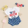 Clothing Sets Baby Girls 4th Of July Shorts Short Sleeve Letter Sunglasses Print Romper Stars Headband Independence Day