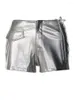 Damesbroek Shemoda glanzende decoratieve bloem pu lederen shorts 2024 -stijl zilveren ritsers veelzijdige pocket casual