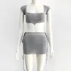 Women Handmade Crochet Crop Top With Mini Skirt Female Lace-up Bikini Cover Ups Bow Tie Hollow Out Beachwear Set Grey Shiny Yarn