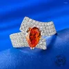 Clusterringe 925 Sterling Silber Mirco Pave Zirkon Schmuck 6x9mm Birnenform Orange 2 hoher Carbon -Diamantring