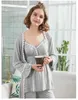 Roupa em casa Autumn Three Pices Pices feminino fino de bambu puro Cardigan Pijamas Lace Sweer Lingerie Sets M L XL