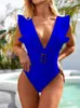 Kvinnors badkläder 2024 Sexig rufsad One Piece Swimsuit Women Deep-V Neck Buckle High Cut Backless Monokini Bathing Suit Bodysuit