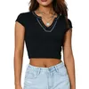 Frauen T-Shirts Frauen Sommer kurzes T-Shirt-Ärmel Patchwork maßgeschneidert V-Ausschnitt Rippte Crop Top Damen Stretchy Navel Hemd