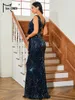 Robes décontractées Missord Blue Wedding Guest Robe Elegant Women V Neck Neck Sans manche Velvet Belon Sequin Bodycon Party Long Robe