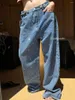 سراويل جينز للسيدات فضفاضة 2024 خريف أزياء غسل الخصر عريض الساق على نطاق واسع للملابس الشارع راينستون سراويل ممسحة