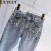 Jeans pour femmes biens européens industrie lourde faite à la main artisanal en diamant complet flash flash décontracté pantalon saggy hautement taille