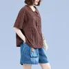 Women's Blouses Loose Fit Tee Solid Color Summer Top Stylish Plaid Print V-neck Shirt With Pocket Short For Streetwear