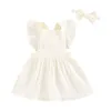 Flickaklänningar Focusnorm 0-3Y TODDLER Baby Girls Summer Casual Dress Ruffles Flying Sleeve Square Neck Solid A-line med pannband