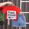 Clothing Sets New Summer Hot Sale Toddler Kids Baby Boys Shirt Letter Tops Denim Shorts Pants Outfits Set Kids Infant Baby Clothes Y240412