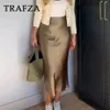 TRAFZA 2024 Spring Women Fashion Skirts Solid Satin Silk Texture Tight Midi Skirt Woman Party Chic Elegant Mermaid 240411