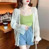 Damen Strick Frauen Jacke Langarm Rüsche Rüsche Streetwear Casual Cardigan Chiffon Koreanisch Achselzucken Frühlings Sommer Feste Farbe