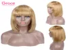 27 curta peruca de cabelo humano pixie cortado peruan Remy Straight Bob Wigs com franja para mulheres negras mel loira sem renda sem renda Front5867037