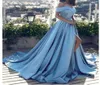 2019 abiti da sera azzurro moderno arabo sexy fuori dalla spalla abiti da ballo diviso in raso una linea elegante parte lunga ballo 6269549