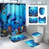 Shower Curtains 4Pcs Washable 3D Blue Ocean Dolphin Playing Waterproof Fabric Bathroom Curtain Anti-slip Carpet Toilet Cover Mat