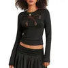 Women's T Shirts Women Cut Out Lace Bow Shirt Y2k Long Sleeve Crop Top Crewneck Slim Fit Tees Coquette Aesthetic