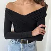 Kadın Tişörtleri AVV Sonbahar 2024 Kadın Gömlek Omuzdan Uzun Kollu V Boyun Dantel Moda Saf Renk Sıska Temel Tshirts Femme